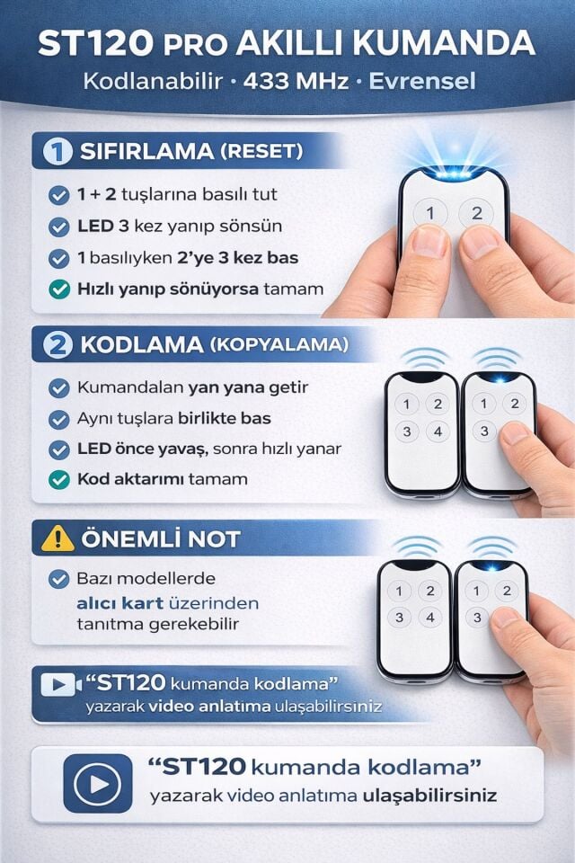 ST120 Akıllı Kodlanabilir Kumanda 433 MHz(Nice, BFT, Hiland, Kontal Uyumlu)Garaj Kepenk Kumandası